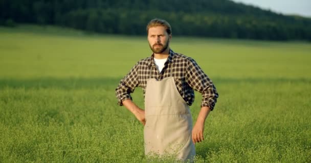 Retrato del agricultor sintiéndose feliz debido a las plantas orgánicas . — Vídeo de stock