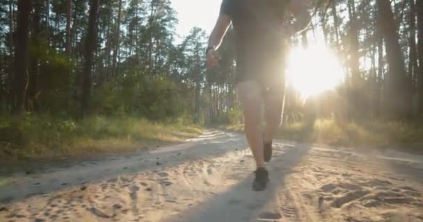 Активный человек бегает по песчаной дороге среди зеленых деревьев — стоковое видео