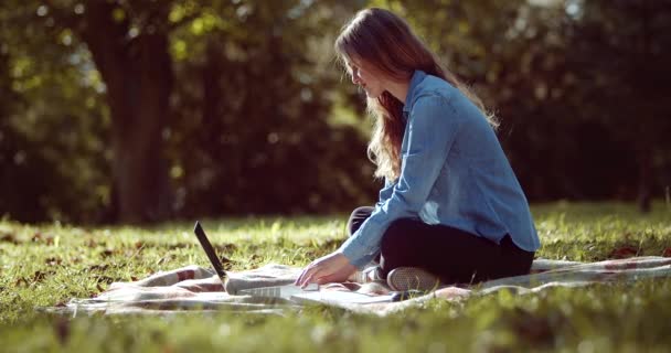 Estudiante feliz sentado en el parque de verano y el uso de ordenador portátil — Vídeos de Stock