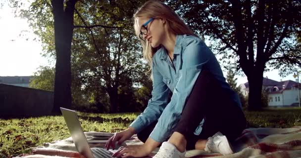 Cheerful woman browsing internet on laptop at park — Stock Video