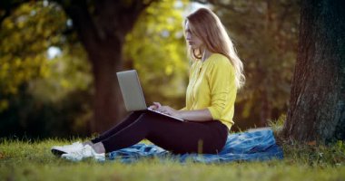 Güzel bir bayanın parktaki bilgisayarında görüntüsü var.