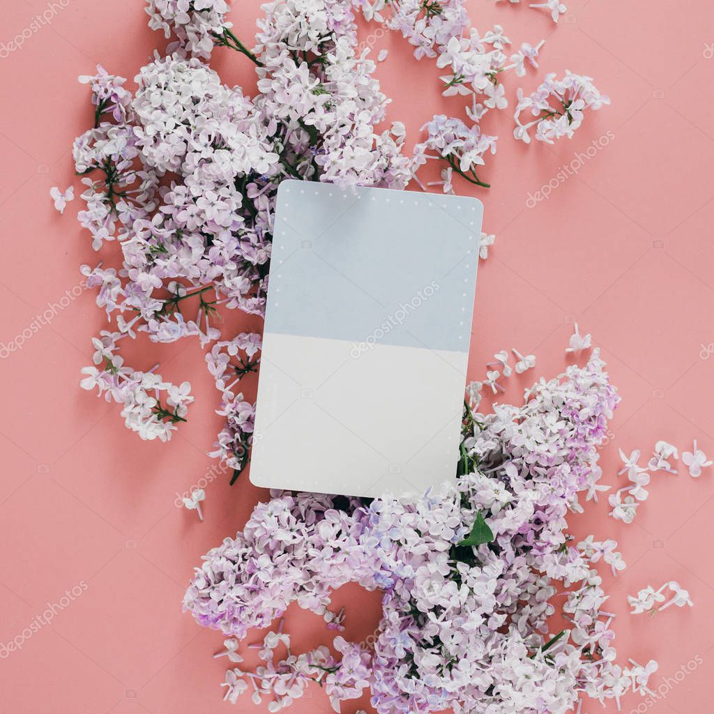 Flat lay card with lilac flowers on pink background, top view