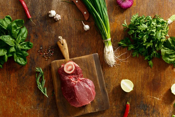 Ingredientes Crudos Para Cocinar Carne Res Hueso Vista Superior — Foto de Stock