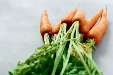 Taze havuç grup gri arka plan üzerinde Kapat