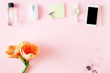 Kadınlar iş yeri kavramı. Üstten görünüm çerçeve çiçek ve kişisel aksesuar pembe arka plan, düz üzerinde yatıyordu