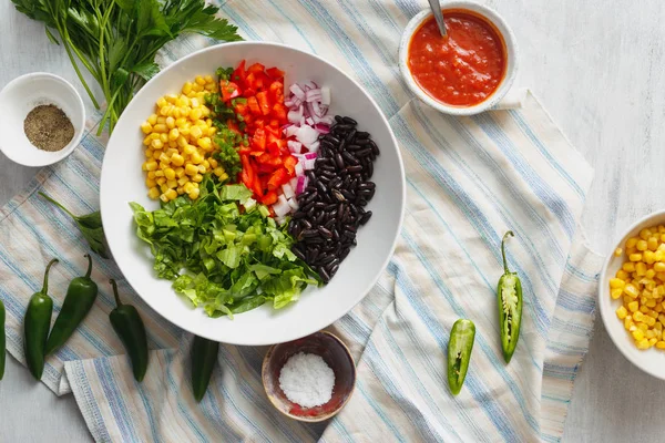 Conjunto Produtos Preparados Para Preparação Salada Taco Vista Superior — Fotografia de Stock