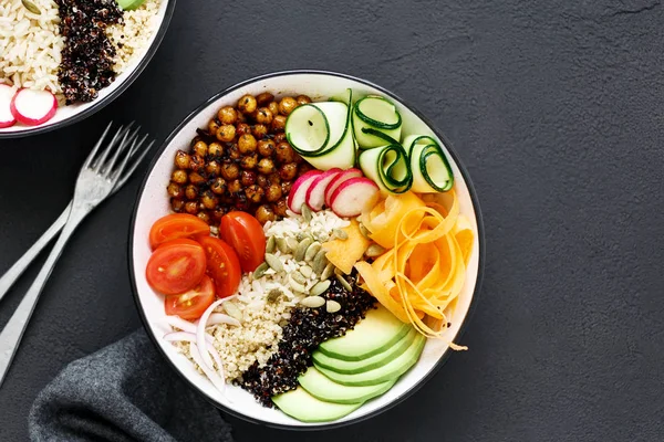 Conceito Alimentação Saudável Limpa Equilibrada Dois Buda Vegetariano Tigela Arroz — Fotografia de Stock