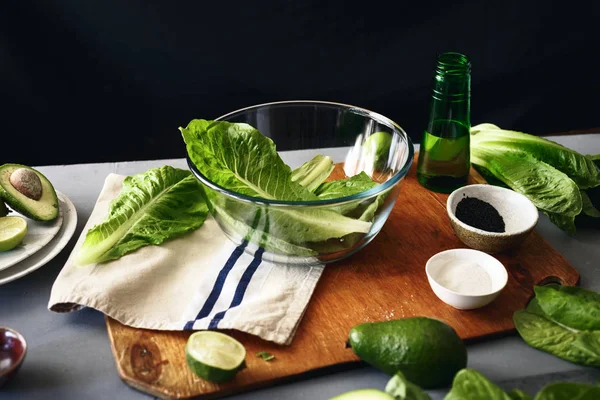 Сирі Інгредієнти Приготування Зеленого Салату Детоксикацією Концепція Здорової Їжі — стокове фото