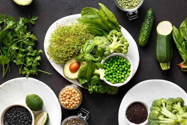 Definir Vegetais Verdes Diferentes Cereais Para Cozinhar Comida Vegetariana Saudável — Fotografia de Stock