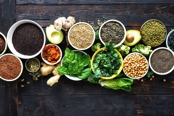 Vegetariano Dieta Conceito Comida Definir Sementes Cruas Cereais Feijões Superalimentos — Fotografia de Stock