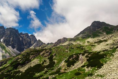 Slovakya mavi bulutlu gökyüzü altında yüksek tatras dağlarının doğal görünümü