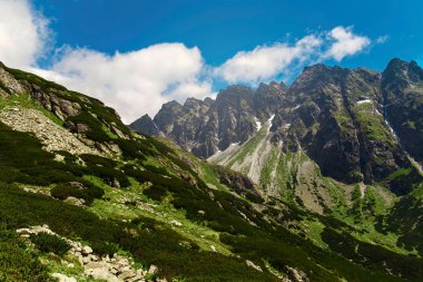 Dağ manzara mavi gökyüzü bulutlu. Görkemli yüksek tatras dağlar Slovakya.