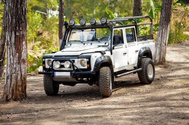 Beyaz 4 x 4 yol araba ormanın içinde kapalı. Offroad fotoğraf 