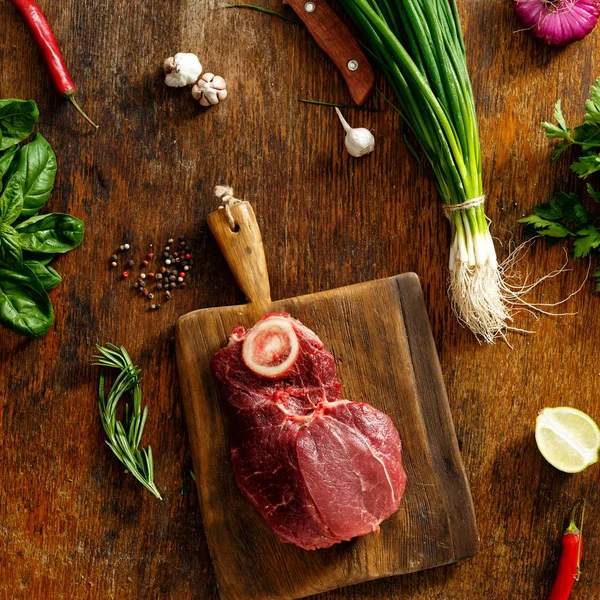 Ingredientes Crudos Para Cocinar Carne Res Hueso Vista Superior — Foto de Stock