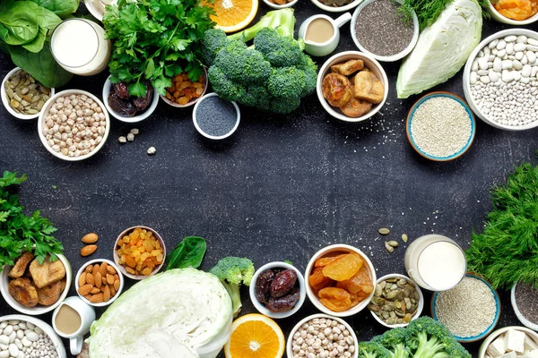 Forrása Kalcium Vegetáriánusoknak Felülnézet Keret Egészséges Ételek Tiszta Táplálkozás Gyümölcs — Stock Fotó