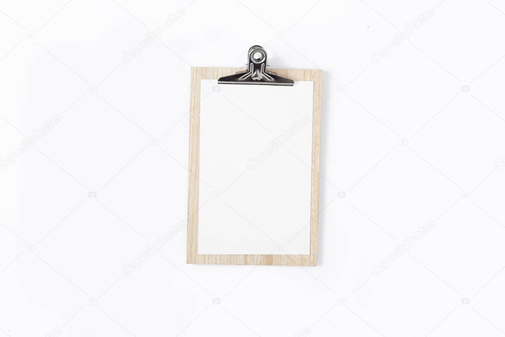 Clipboard on white background top view flat lay