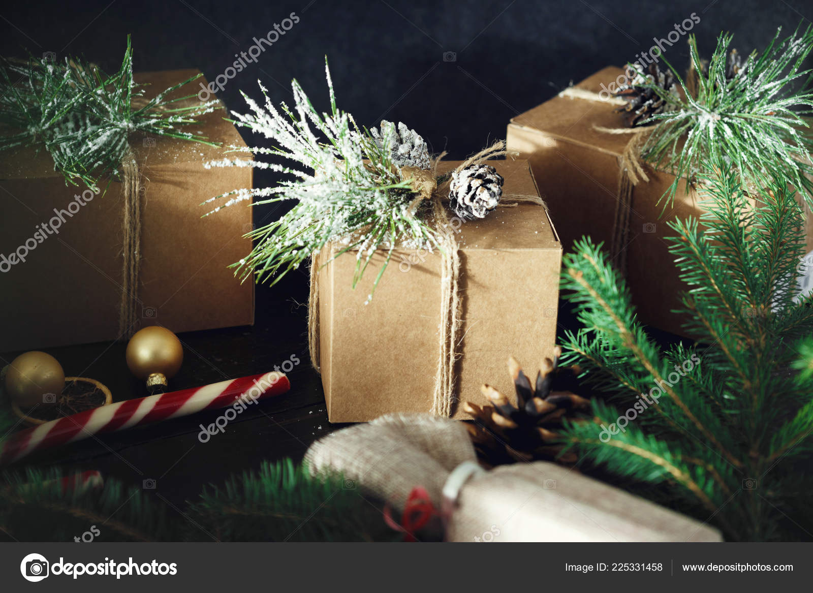 Christmas Ornaments Gift Boxes Wooden Table Rustic Christmas Background Wrapping Stock Photo C Kucherandrey 225331458
