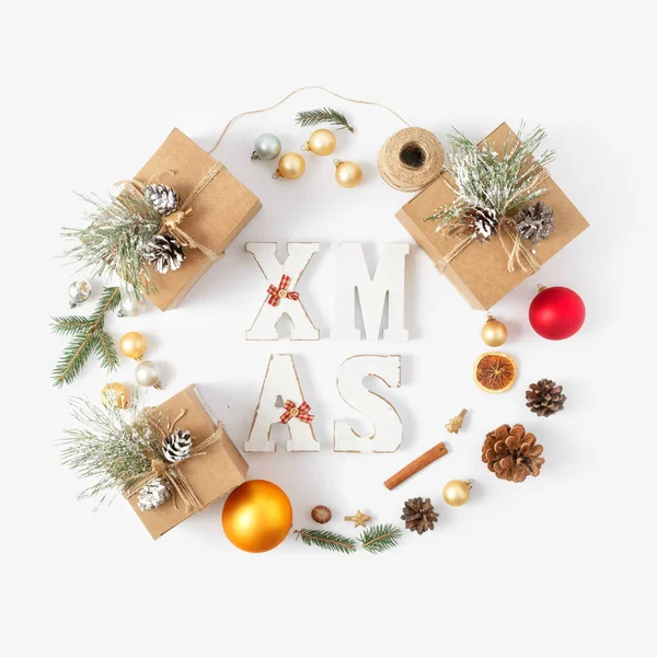Düz Yatıyordu Noel Arka Plan Word Xmas Noel Dekorasyon Beyaz — Stok fotoğraf