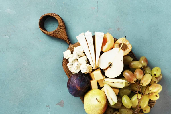 Appetizers Table Wine Fruit Cheese Wooden Board Stone Background Copy — Stock Photo, Image