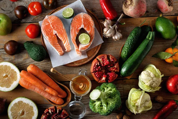 Набір Інгредієнтів Здорової Дієтичної Їжі Щирі Насіння Риба Овочі Фрукти — стокове фото
