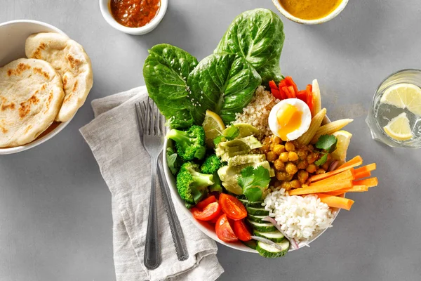 Buddha Bowl Naan Bread Gray Concrete Background Top View Healthy — Stock Photo, Image