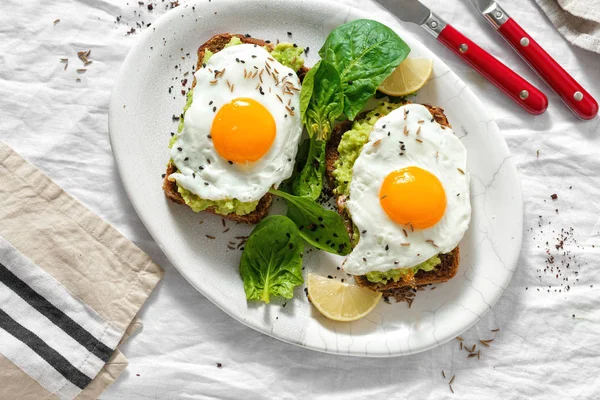 Toasts Avocat Sain Vue Dessus Pour Petit Déjeuner Déjeuner Avec — Photo