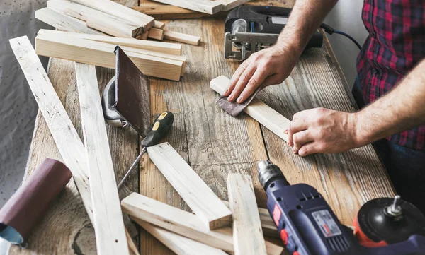 Carpenter Working Carpentry Workshop Man Sanding Manually Plank — Zdjęcie stockowe