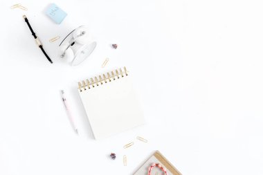 Workspace with office supplies on white background 
