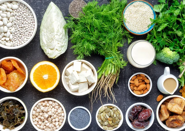 Bron Van Calcium Voor Vegetariërs Bovenaanzicht Gezonde Natuurvoeding Schoon Eten — Stockfoto