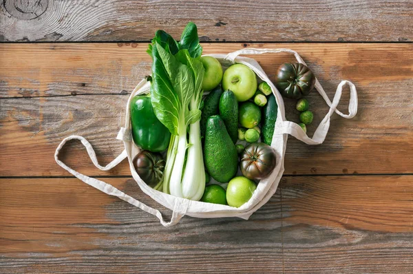 Frisches Gemüse Und Obst Aus Biologischem Anbau Einem Stoffbeutel Vegetarisches — Stockfoto