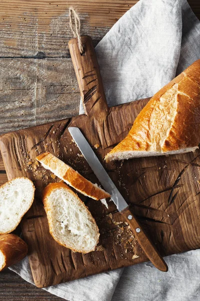 Pan Baguette Francés Rodajas Sobre Mesa Madera Panadería — Foto de Stock