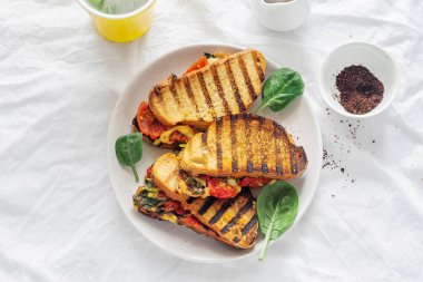 Vejetaryen ızgara peynir sandviç beyaz arka plan üstten görünüm üzerinde. Lezzetli kahvaltı