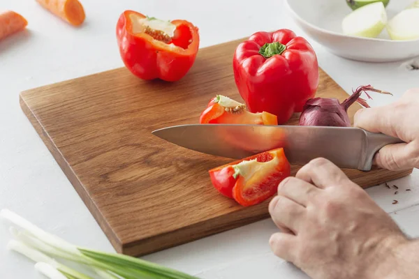 Closeup Man Hand Knife Cutting Fresh Red Pepper — Stock Photo, Image