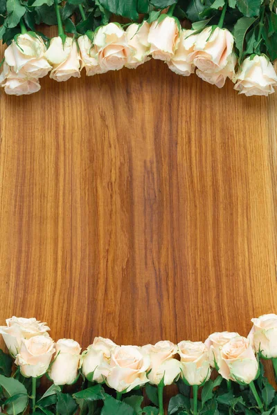 Frame Pink Roses Wooden Background Top View Flat Lay — Stock Photo, Image