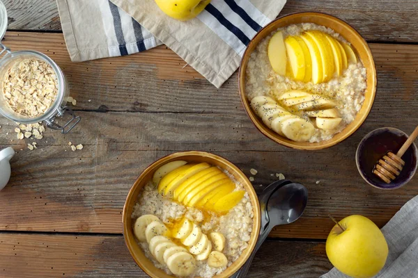 Desayuno saludable Frutas de avena miel vista superior Estilo rústico —  Fotos de Stock