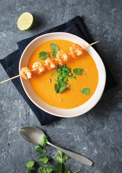 Top view sweet potato soup shrimps bowl — Stock Image Top view sweet potato soup shrimps bowl Stock Picture