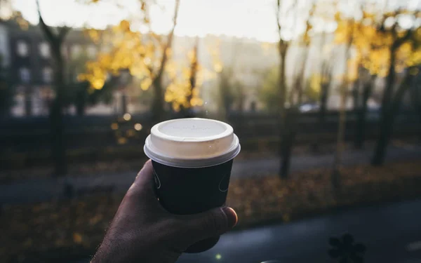 Mannelijke Hand Met Kopje Koffie Ochtendzon Tegen Het Raam — Stockfoto