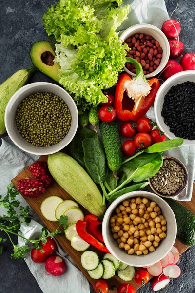 Rauwe Groenten Granen Bovenaanzicht Ingrediënten Voor Het Koken Vegetarisch Eten — Stockfoto