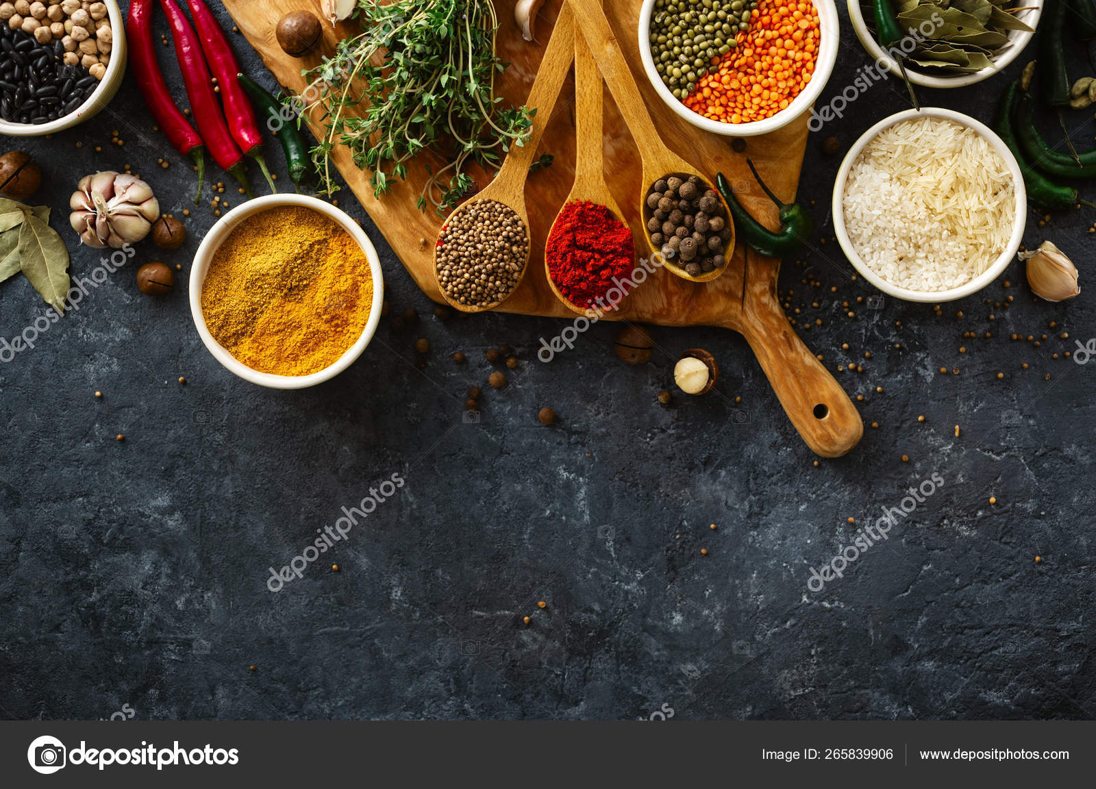 Spices Herbs Rice Various Beans Seasonings Cooking Dark Backgraund Copy ...