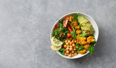 Bowl Buddha Dengeli sağlıklı vejetaryen gıda üst görünümü