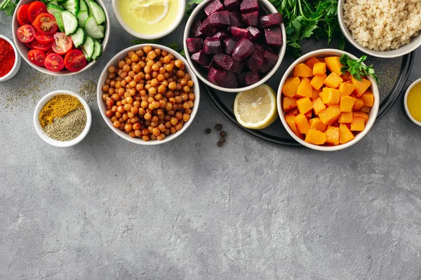 Egészséges Vegetáriánus Alapanyagok Halmaza Főzéshez Fűszeres Csicseriborsó Sült Sütőtök Répa — Stock Fotó