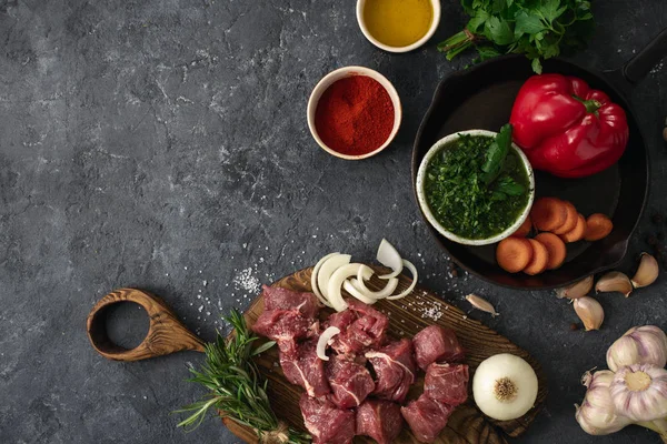 Ingredientes Para Cocinar Carne Con Verduras Una Vista Superior Fondo — Foto de Stock