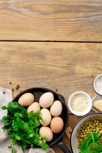 Mesa Pequeno Almoço Saudável Com Ingrediente Para Cozinhar Ervilhas Ovos — Fotografia de Stock