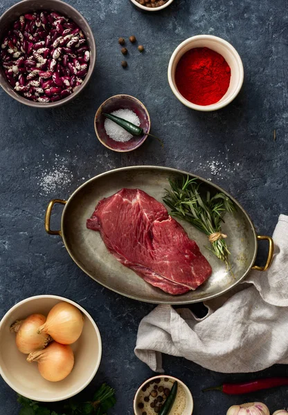 Filete Crudo Con Ingredientes Para Cocinar Alimentos Saludables Vista Superior — Foto de Stock