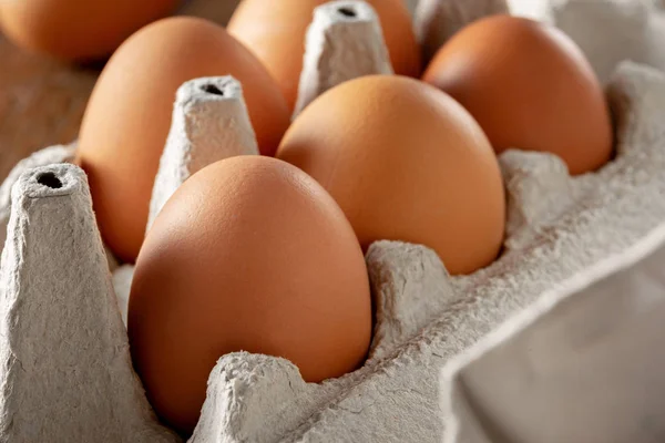 Bruine Eieren Een Kartonnen Dienblad Close — Stockfoto