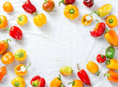 Beyaz arka plan üzerinde taze ev yapımı biber çeşitleri çerçeve