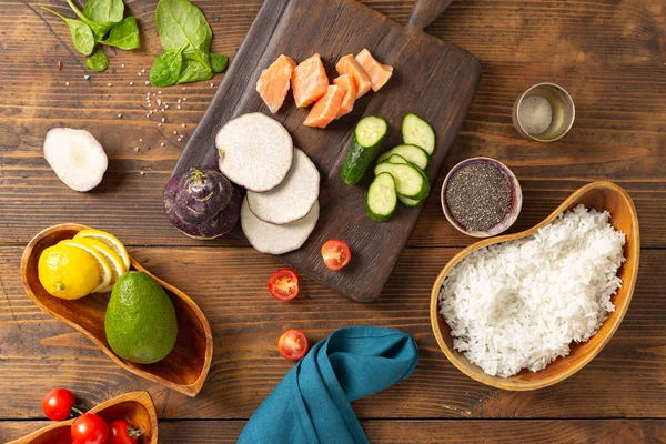 Ingredients Preparation Poke Bowl Salmon Avocado Vegetables Chia Seeds Wooden — Stock Photo, Image