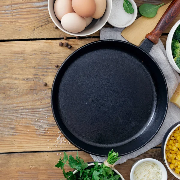 Healthy Breakfast Table Empty Cooking Pan Ingredient Cooking Wooden Background — Stock Photo, Image