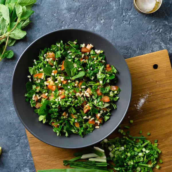 Ingredienti Crudi Cottura Insalata Tabouli Vista Dall Alto Cibo Sano — Foto Stock