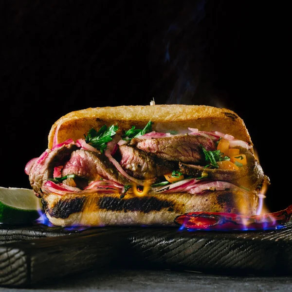 Grilled Spicy Steak Sandwiches Steak Fire Flame Wooden Cutting Boards — Stock Photo, Image